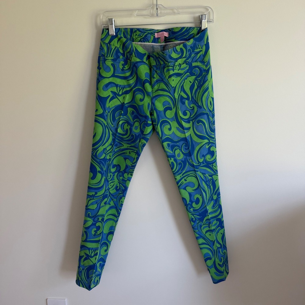 Lilly Pulitzer Kelly Skinny Ankle Pants Blue Green Swirl Jacquard Womens Size 2